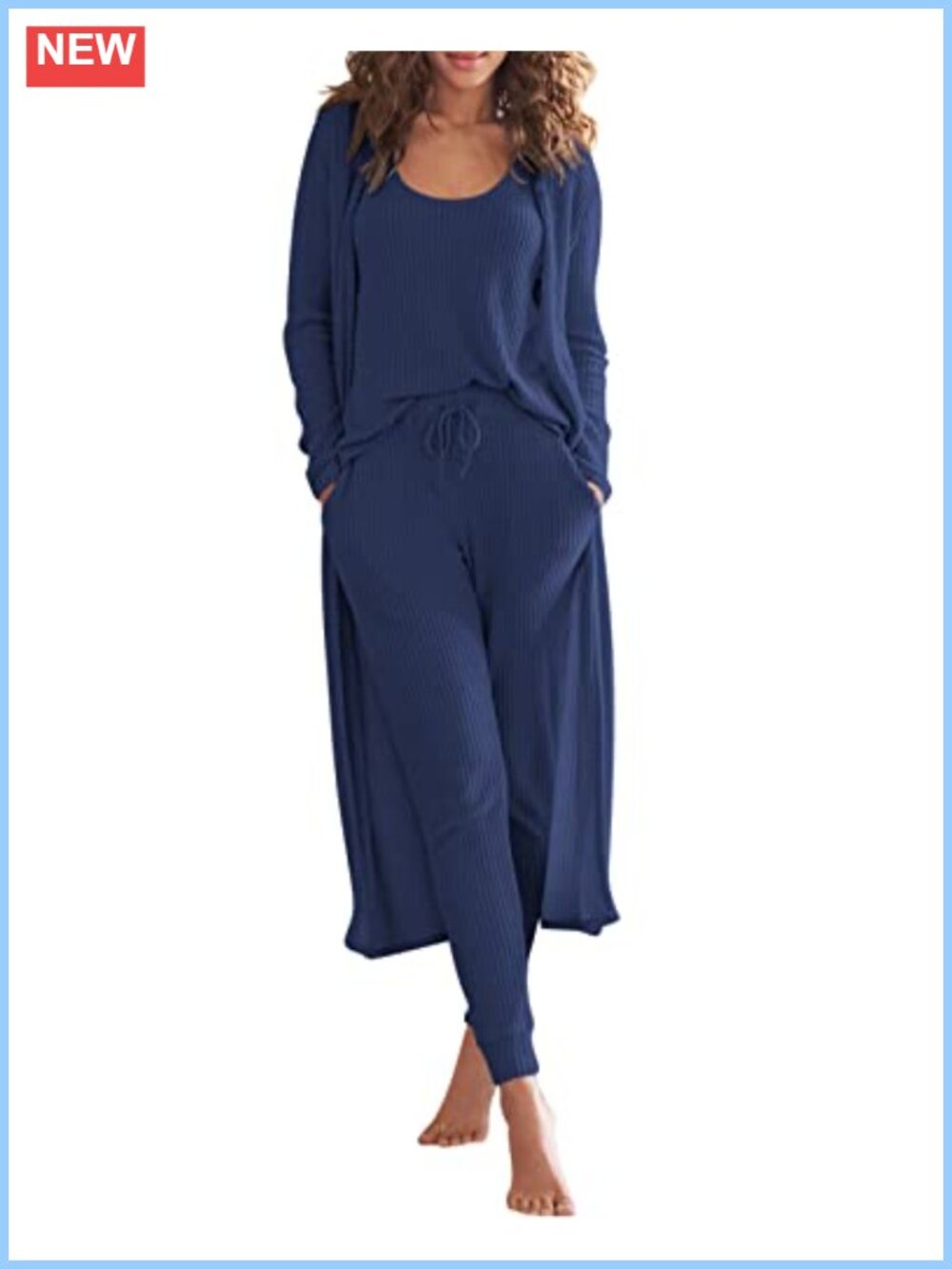 3 Piece Lounge Set Tank Top Jogger Pants Long Cardigan Soft Knit Sleepwear